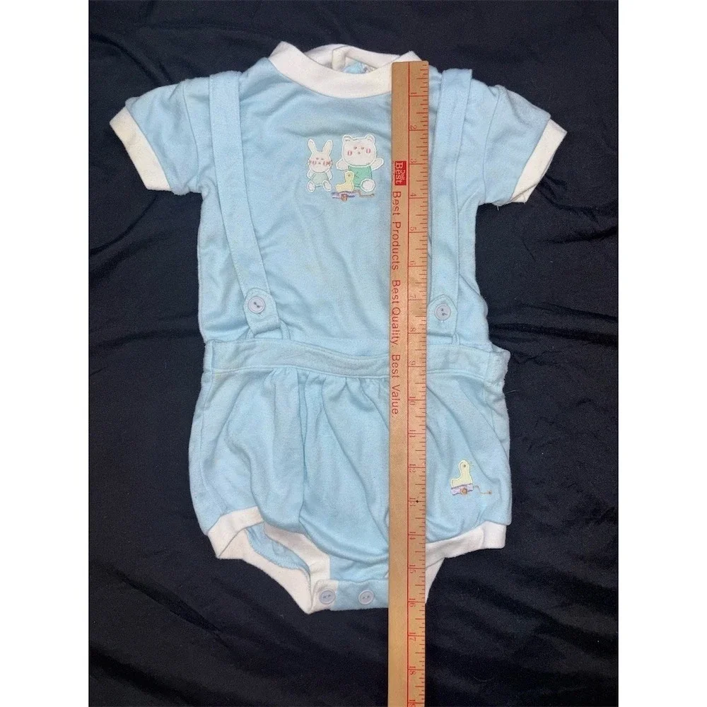 Vintage Baby Romper One-Piece Light Blue Suspender Bunny Bear Duck 9M Jon Jon